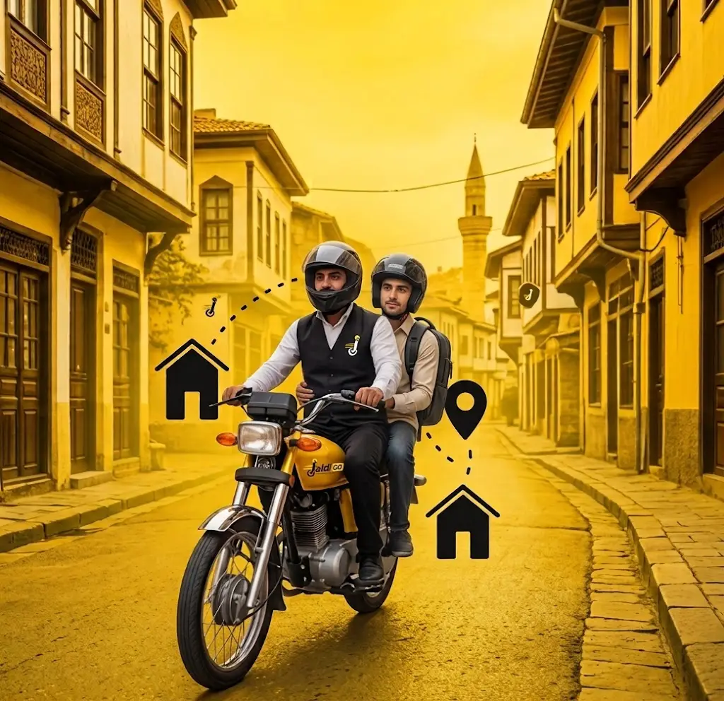 A JaldiGO driver carrying a passenger on a motorbike, both in helmets, with pickup and drop-off markers along the route.